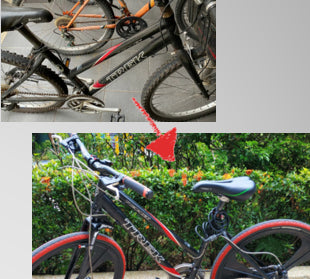 Before and after picture of the refurbished Trek bicycle